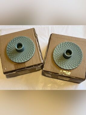 NIB Set Of 2 47th & Main Ceramic Sage Green Candle Holders 5” Diameter Art Deco